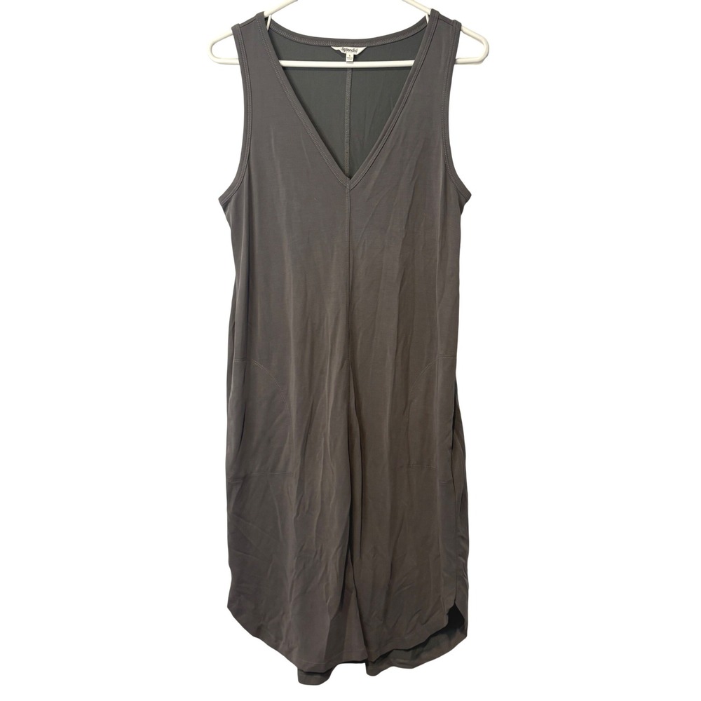 Splendid Women Gray Modal‎ Blend V-Neck Sleeveless Pocket Shift Dress Cover Up